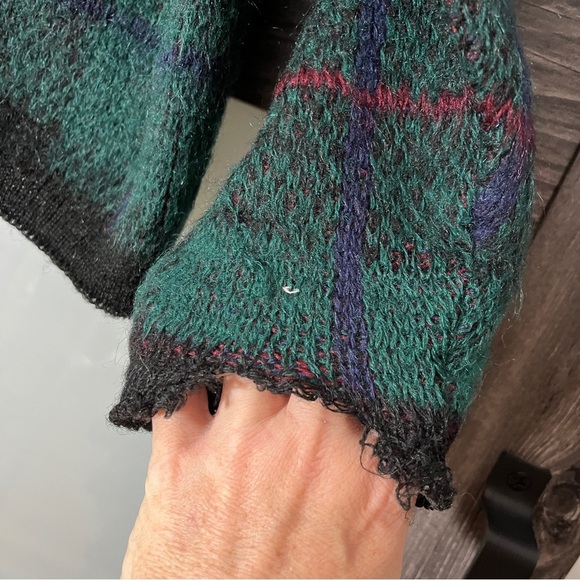 Vintage 60s Jantzen Wool & Mohair Cardigan Green Blue Plaid Grunge Kurt Cobain L - Picture 4 of 10